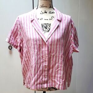 Womens New! Linen Cropped Pink white striped Top Sz.XL